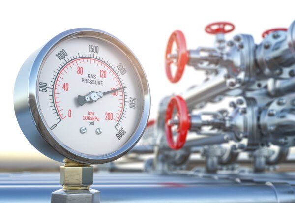 Gas pression gauge meters on gas pipeline. Gas extraction, production, delivery and supply concept. 3d illustration